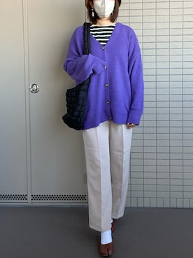 「ANGIE（アンジー）のオーバーサイズVネックニットカーディガン（カーディガン/ボレロ、パープル系）」を使った、canata*さん（レディース・161cm）の秋コーディネート