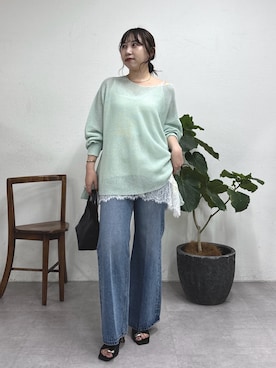 「GALLARDAGALANTE（ガリャルダガランテ）のペーパーヤーンメッシュニット（ニット/セーター、グリーン系）」を使った、mamifujiiさん（レディース・158cm）の春コーディネート