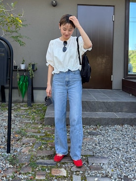 「EN NEUME（エンノイム）のLace Trim Volume Tops（シャツ/ブラウス、ホワイト系）」を使った、mikkoさん（レディース・161cm）の春コーディネート