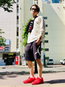 「JORDAN BRAND（ジョーダンブランド）のアイテム（その他パンツ、ブラック系）」を使った、KANさん（メンズ・169cm）の夏コーディネート