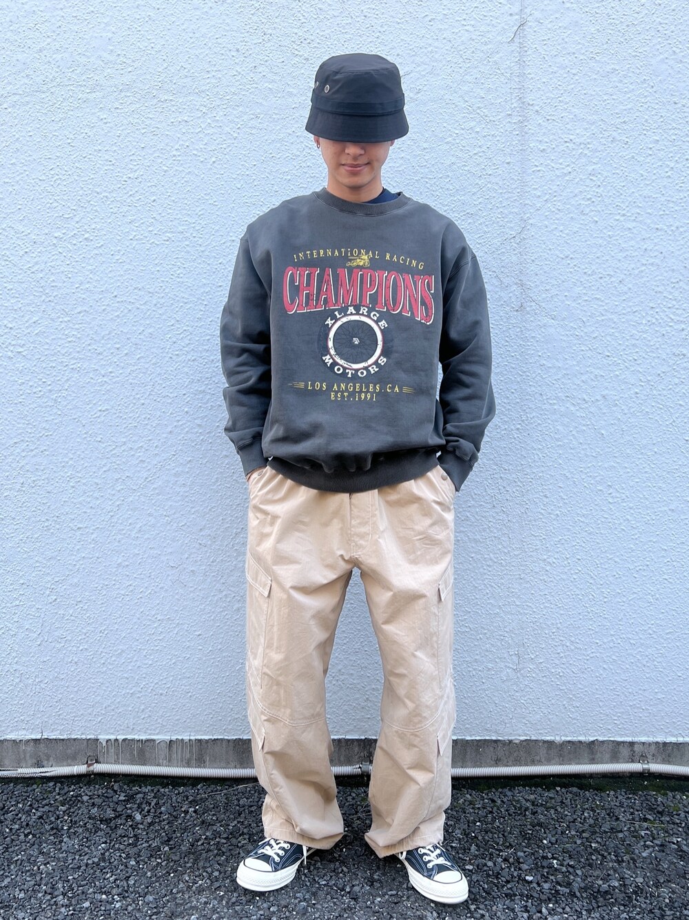 「シンプル、シンプルスタイル、ファッションを楽しもう」｜「XLARGEのRIPSTOP MILITARY HAT（ハット、ブラック系）」を使った、guriさん（メンズ・173cm）の冬コーディネートの1枚目の写真