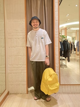 「Franklin Climbing（フランクリンクライミング）の【Franklin Climbing/フランクリンクライミング】ヘンリーネックラベルTシャツ（Tシャツ/カットソー、グレー系）」を使った、ながやまさん（メンズ・176cm）の夏コーディネート
