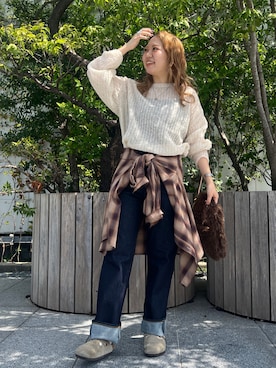 「Ungrid（アングリッド）のビッグルーズチェックシャツ（シャツ/ブラウス）」を使った、山﨑絢音さん（レディース・155cm）の秋コーディネート