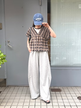 「tiptop（ティップトップ）の肩シャーリングチュニックブラウス（シャツ/ブラウス、ブルー系）」を使った、シホ🌷さん（レディース・155cm）の夏コーディネート