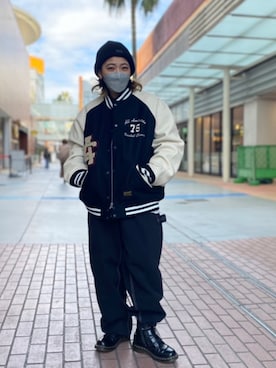 「ペインターパンツ」｜「アイテム（スタジャン）」を使った、KAEさん（レディース・153cm）の冬コーディネート