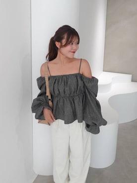 「Heather（ヘザー）のマルチWAYリボンブラウス　1066573（シャツ/ブラウス、グレー系）」を使った、mioさん（レディース・157cm）の夏コーディネート