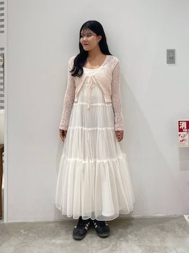 「アイテム（カーディガン/ボレロ、ピンク系）」を使った、mioさん（レディース・157cm）の夏コーディネート