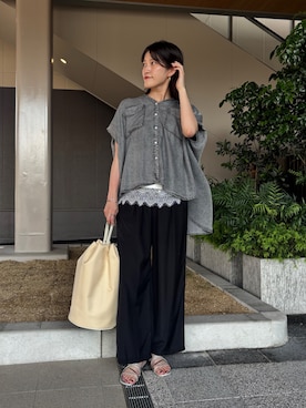 「Jena espace merveilleux(ジェナ エスパスメルヴェイユ)のタックイージーパンツ(その他パンツ、ブラック系)」を使った、harara11さん(レディース・166cm)の夏コーディネート