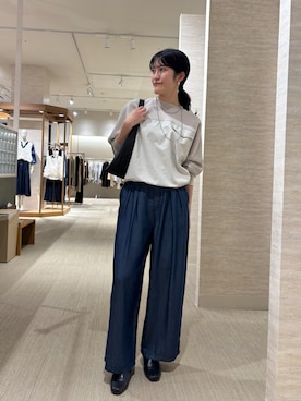 「Jena espace merveilleux(ジェナ エスパスメルヴェイユ)の【やわらぐシルエット/きれい見え】テンセルタックワイドパンツ(その他パンツ、ブルー系)」を使った、harara11さん(レディース・166cm)の春コーディネート