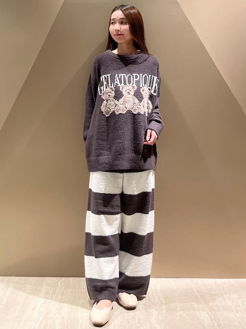 ジェラートピケ　ボーダールームウェア モチーフジャガードボーダーロングパンツ（ルームウェア/パジャマ