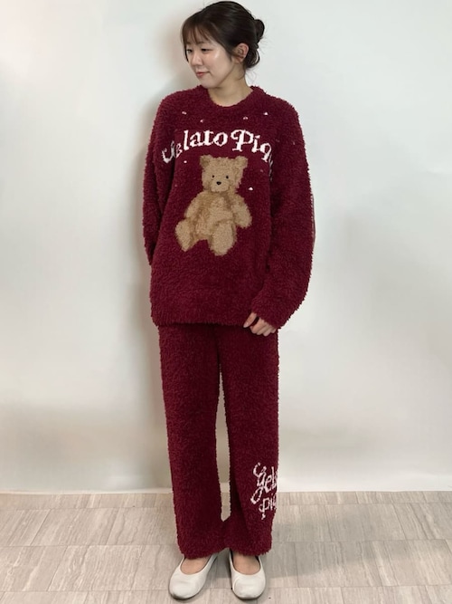 ジェラートピケ ベア セットアップ レッド HOLIDAY】ジェラートスノーベアジャガードロングパンツ（ルームウェア