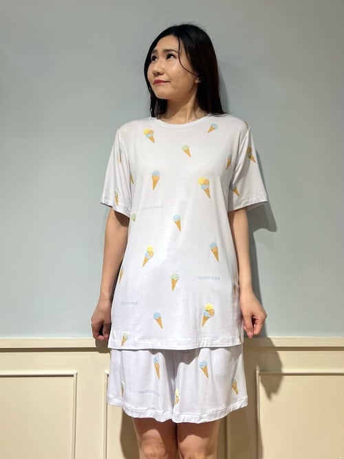パジャマ半袖　セットアップ　ホワイトgelato pique セール】【接触冷感】プレイフルアイス柄Tシャツ（ルームウェア