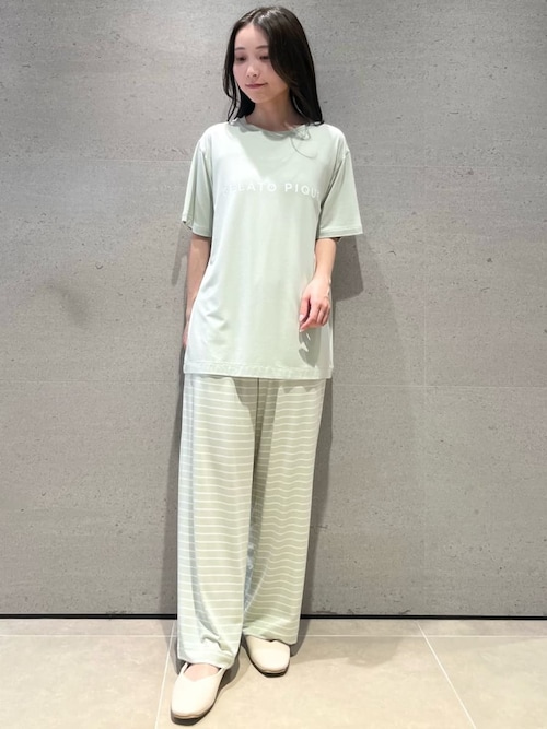 レーヨンロゴTシャツ&ボーダーロングパンツセット（ルームウェア