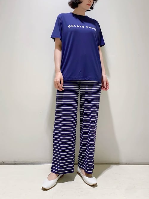 レーヨンロゴTシャツ&ボーダーロングパンツセット（ルームウェア