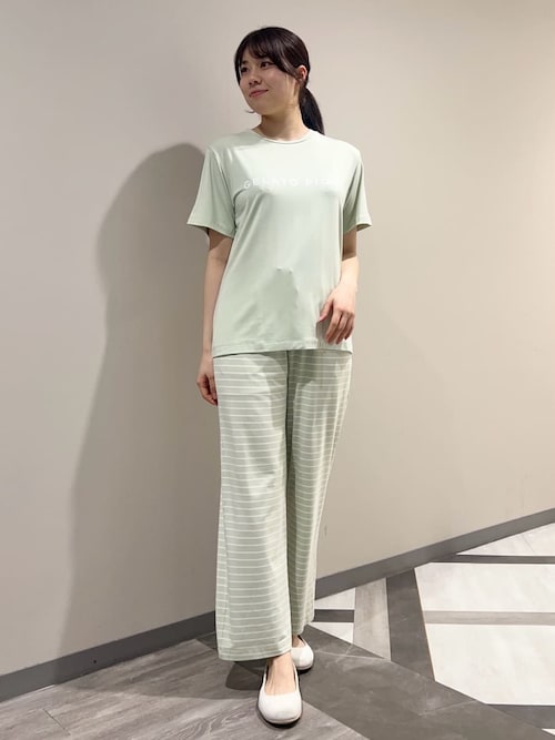 レーヨンロゴTシャツ&ボーダーロングパンツセット（ルームウェア