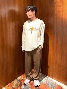「gelato pique（ジェラートピケ）の【HOMME】レーヨンダブルジェラートロゴロンT（ルームウェア/パジャマ）」を使った、gelato piqueさん（メンズ・163cm）の秋コーディネート