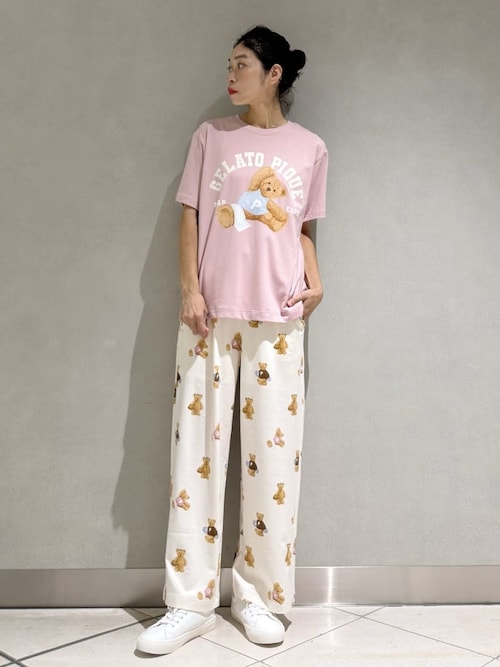 ジェラートピケ　ベア柄半袖Tシャツ&ロングパンツセット セール】【ONLINE限定】【接触冷感】ベアワンポイントTシャツ