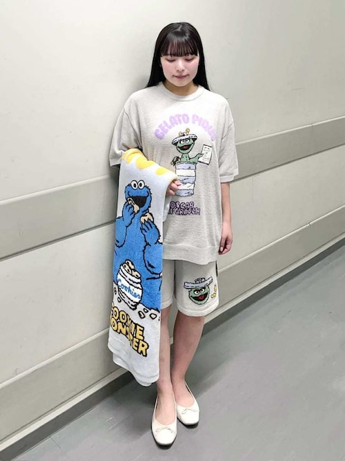 ★新品!!gelato pique ライトブルー ルームウェアセット★ SESAME STREET】【HOMME】エアリーモコジャガードプルオーバー&ハーフ