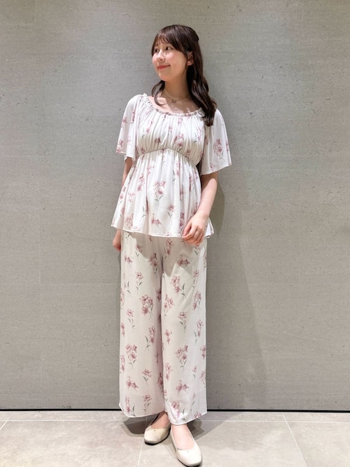ショコラ様　花柄浴衣　　ベージュ 格子　リメイクパンツとおまとめ 母の日】フラワー柄ロングパンツ（ルームウェア/パジャマ）｜gelato