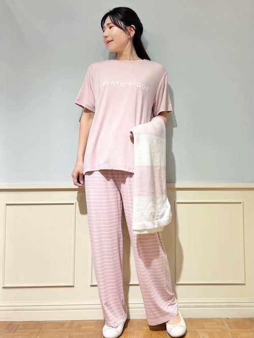 レーヨンロゴTシャツ&ボーダーロングパンツセット（ルームウェア