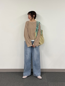「CIAOPANIC TYPY（チャオパニックティピー）の【接触冷感/一枚で決まる】フェイクレイヤードシアースラブ刺繍オーバーTee（Tシャツ/カットソー、ベージュ系）」を使った、kyaaaiさん（レディース・156cm）の春コーディネート