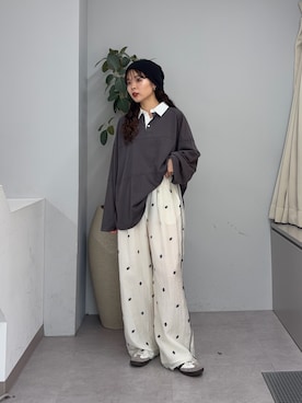 「CIAOPANIC TYPY（チャオパニックティピー）の【3サイズ展開】楊柳花柄刺繍イージーパンツ（その他パンツ、ホワイト系）」を使った、kyaaaiさん（レディース・156cm）の春コーディネート