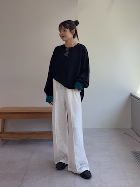 パッチワーク切替レースワイドパンツを使った人気ファッション