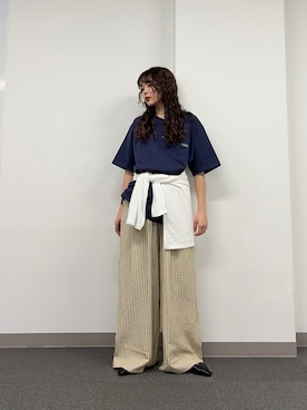 「CIAOPANIC TYPY（チャオパニックティピー）の【UNISEX】【プラスサイズあり】ストライプイージーパジャマパンツ（その他パンツ、ベージュ系）」を使った、kyaaaiさん（レディース・156cm）の春コーディネート