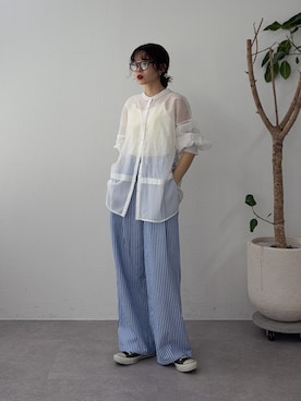 「CIAOPANIC TYPY（チャオパニックティピー）の≪裾レイヤード≫シアーバンドカラーシャツ（シャツ/ブラウス、ホワイト系）」を使った、kyaaaiさん（レディース・156cm）の春コーディネート