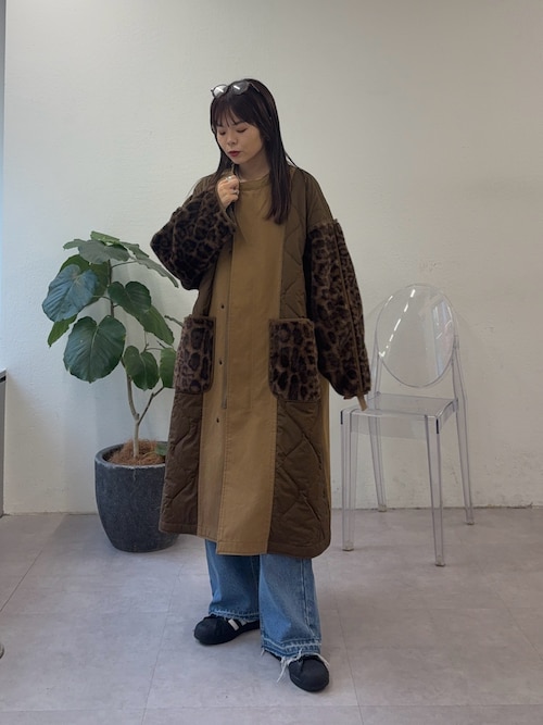 etsinta】ファー切替ノーカラーキルティングコート（ノーカラーコート