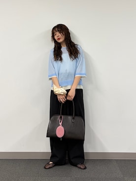 「CIAOPANIC TYPY（チャオパニックティピー）の2wayレイヤードライク配色5分袖シアーニットカーデ（カーディガン/ボレロ、ブルー系）」を使った、kyaaaiさん（レディース・156cm）の春コーディネート