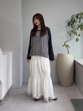 「CIAOPANIC TYPY（チャオパニックティピー）の【2WAY】シアーラグランヘンリーネックTee（Tシャツ/カットソー、グレー系）」を使った、kyaaaiさん（レディース・156cm）の春コーディネート