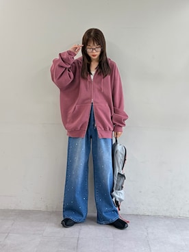 「アイテム（パーカー、レッド系）」を使った、kyaaaiさん（レディース・156cm）の夏コーディネート