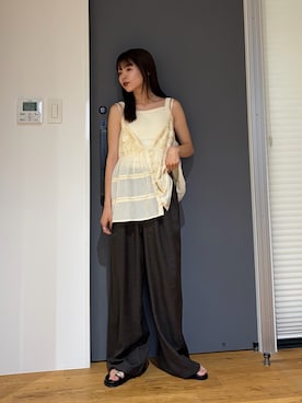 「CIAOPANIC TYPY（チャオパニックティピー）の【UNISEX】タックボリュームワイドスラックスパンツ/サイドラインスラックス（スラックス、グレー系）」を使った、kyaaaiさん（レディース・156cm）の夏コーディネート