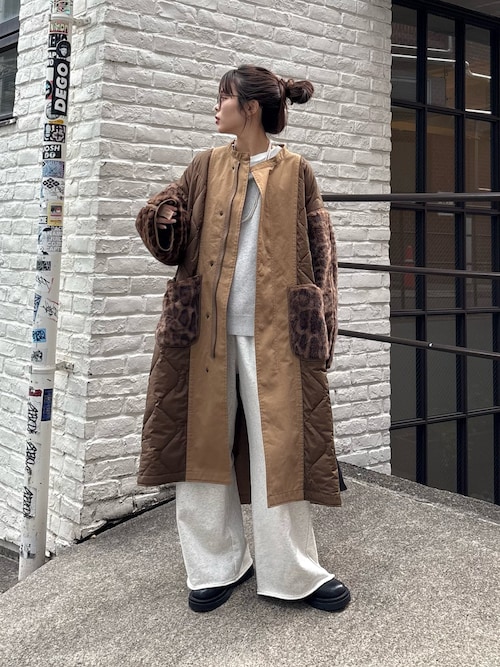 セール】etsintaファー切替ノーカラーキルティングコート