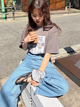 「CIAOPANIC TYPY（チャオパニックティピー）の犬アソートフォトプリント半袖Tee（Tシャツ/カットソー、グレー系）」を使った、kyaaaiさん（レディース・156cm）の春コーディネート