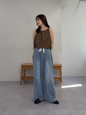 「CIAOPANIC TYPY（チャオパニックティピー）の【willow】サッカーバルーンキャミブラウス（Tシャツ/カットソー、ブラウン系）」を使った、kyaaaiさん（レディース・156cm）の春コーディネート