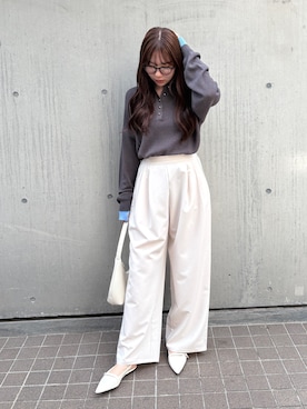 「Maison Calme（メゾンカルム）の【26年春夏新作】配色デザインフェイクレイヤードシアーポロ襟ニットトップス（ニット/セーター、グレー系）」を使った、Renaさん（レディース・160cm）の春コーディネート