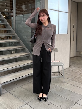 「Maison Calme（メゾンカルム）の【26年春夏新作】ポロ襟シアーボタンカーディガン（カーディガン/ボレロ、ブラウン系）」を使った、Renaさん（レディース・160cm）の冬コーディネート