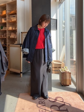 「かぐれ（カグレ）の『ユニセックス』デニムカバーオール（カバーオール、ブルー系）」を使った、あみさん（レディース・158cm）の春コーディネート