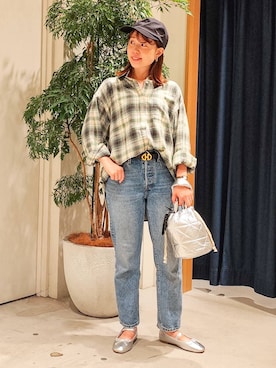 「BAYFLOW（ベイフロー）の[ヒップまでカバーできる]アソートチェックBIGシャツ（シャツ/ブラウス）」を使った、kanakoさん（レディース・157cm）の夏コーディネート