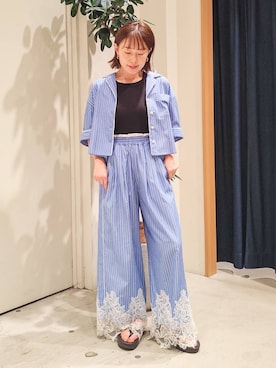 「BAYFLOW（ベイフロー）の【EF(エフ)】レースパジャマシャツ（WOMEN）（シャツ/ブラウス、ブルー系）」を使った、kanakoさん（レディース・157cm）の夏コーディネート
