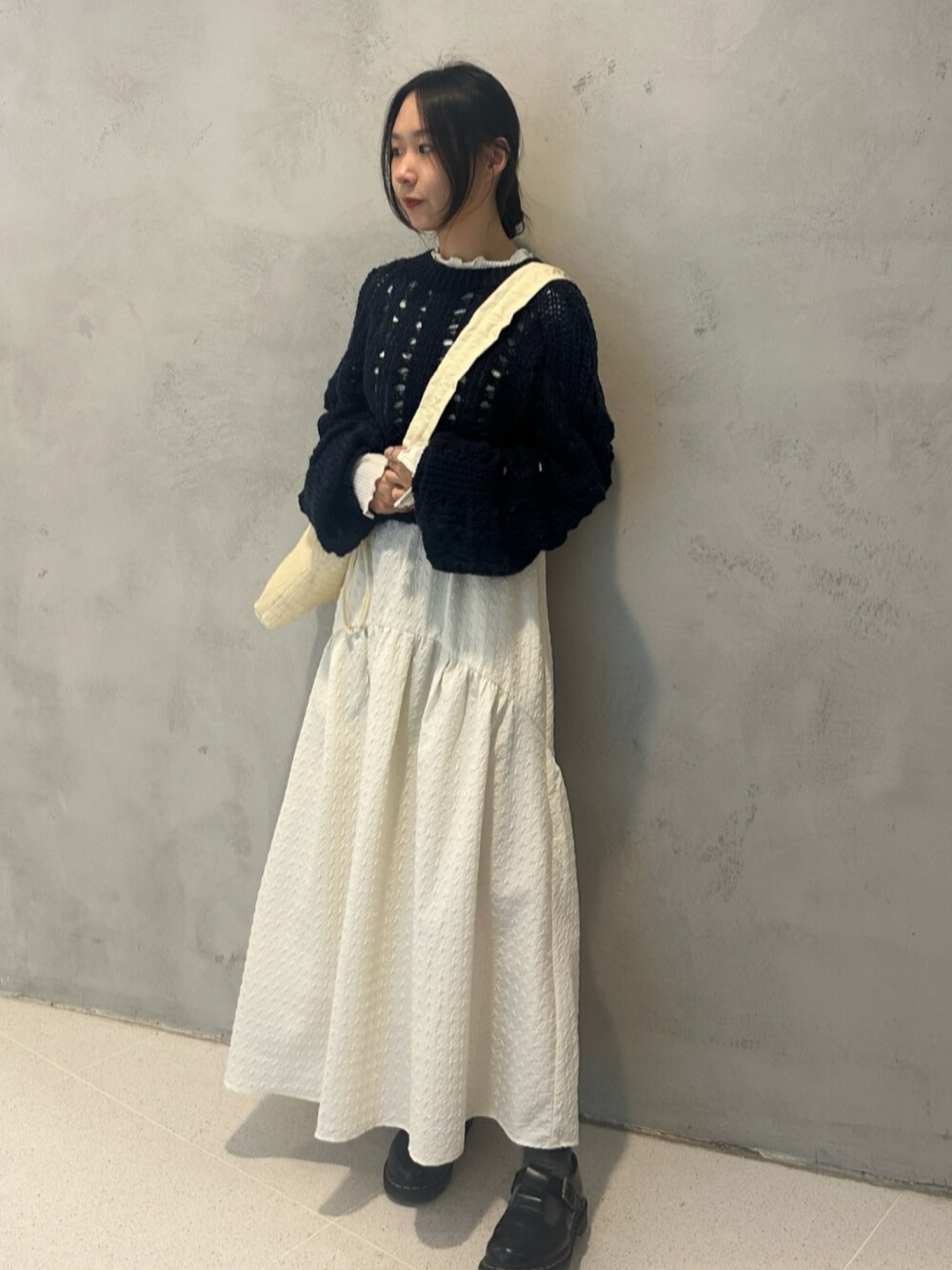 「皺皺裙、洞洞衣、毛衣、sweater、優雅、斯文、皺皺、花邊領#優雅look」｜「LOWRYS FARMのアイテム（ドレス、ホワイト系）」を使った、cacacaさん（レディース・157cm）の秋コーディネートの1枚目の写真