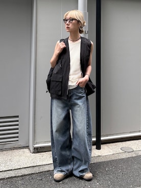 「feepur（フェピュール）のポケットワークベスト（ベスト、ブラック系）」を使った、YUKAさん（レディース・167cm）の夏コーディネート