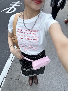 「CIAOPANIC（チャオパニック）のアソート柄コンパクトカラーTee（Tシャツ/カットソー、ホワイト系）」を使った、あみさん（レディース・165cm）の春コーディネート
