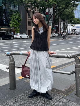 「CIAOPANIC（チャオパニック）のウッドボタンドビーシャーリングキャミビスチェ（Shirts、ブラック系）」を使った、あみさん（レディース・165cm）の夏コーディネート