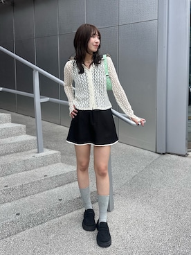 「CIAOPANIC（チャオパニック）のファーフードコンパクトレーストップス（Tシャツ/カットソー、ホワイト系）」を使った、あみさん（レディース・165cm）の夏コーディネート
