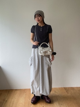 「CIAOPANIC（チャオパニック）のドットパフスリーブヘンリーネックTEE（T Shirts、ブルー系）」を使った、あみさん（レディース・165cm）の夏コーディネート