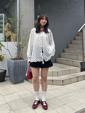 「CIAOPANIC（チャオパニック）のレースメローフーディートップス（T Shirts、ホワイト系）」を使った、あみさん（レディース・165cm）の夏コーディネート