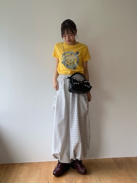 「CIAOPANIC（チャオパニック）のアソート柄コンパクトカラーTee（T Shirts、イエロー系）」を使った、あみさん（レディース・165cm）の夏コーディネート